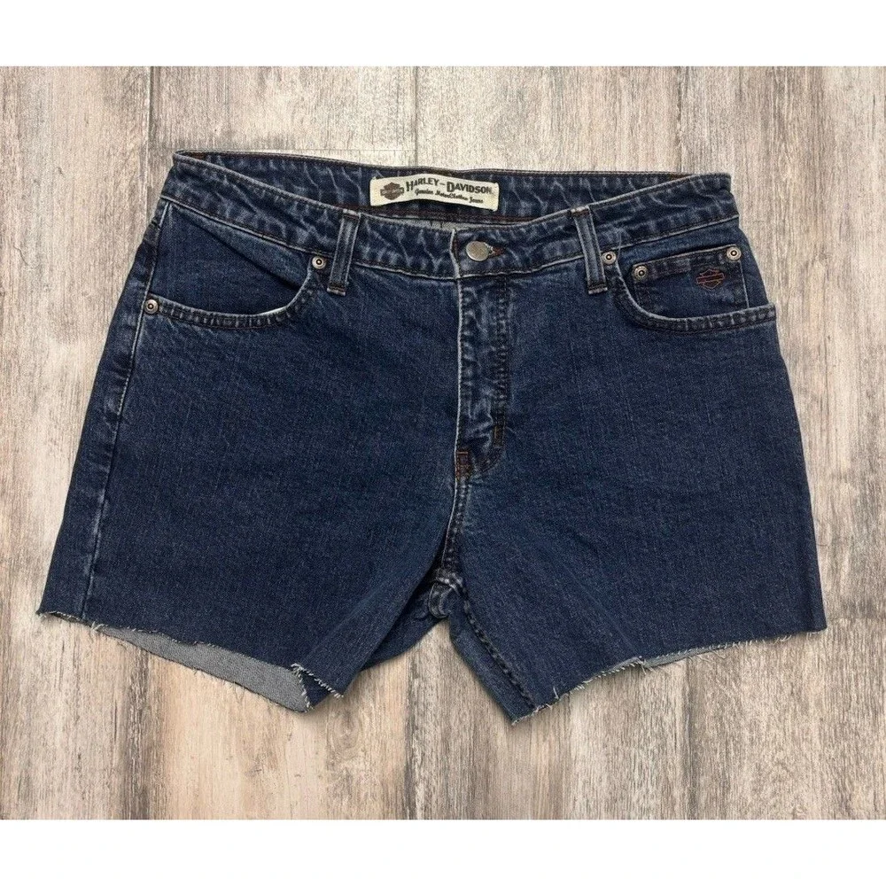 Harley-Davidson Y2K Biker Cut Off Denim Shorts Dark Wash Raw Hem Size 10